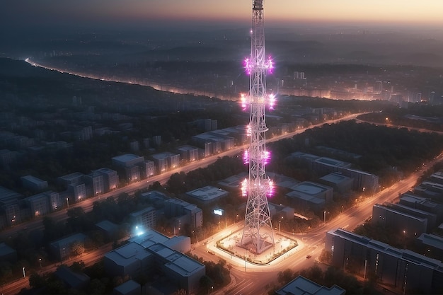 Torre de comunicación 5G para internet inalámbrico de alta velocidad Tecnología de red móvil en el concepto de vida de la ciudad