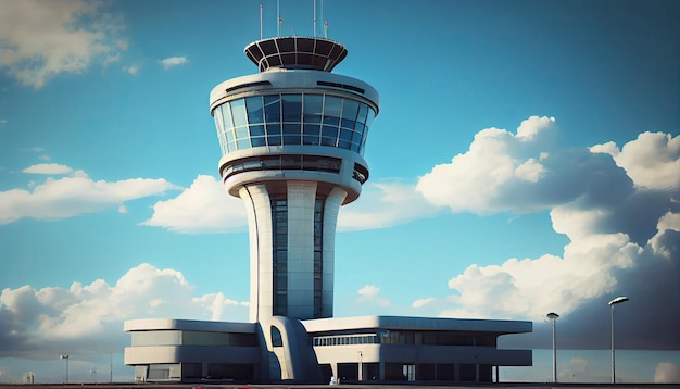 Foto torre de control de aire en el aeropuerto con cielo azul y nubes en el fondo