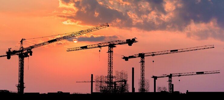 torre crain construção prédio com pôr do sol