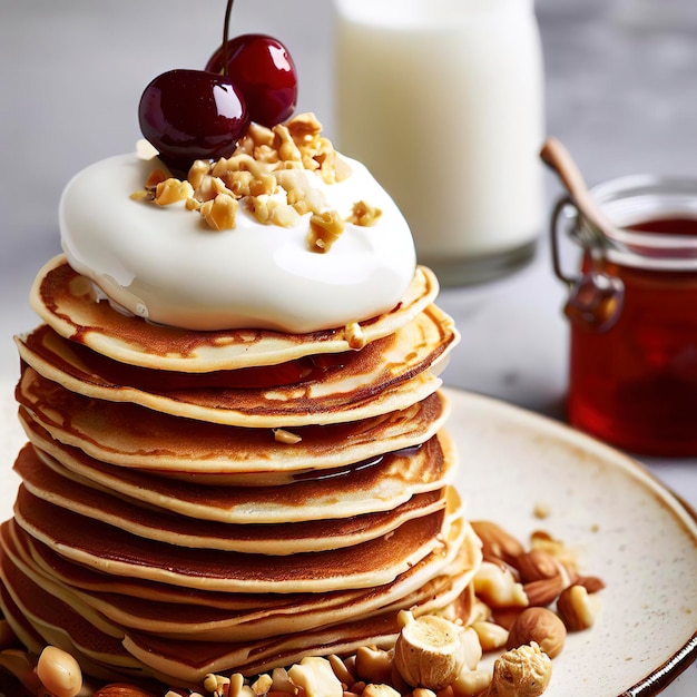 Torre de crepes con yogur de nueces y mermelada de cerezas