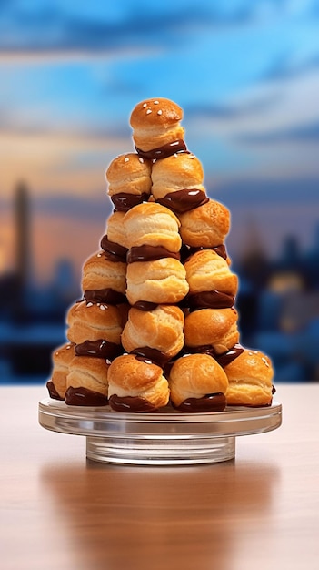 Foto una torre de croissants de chocolate con un fondo azul detrás.