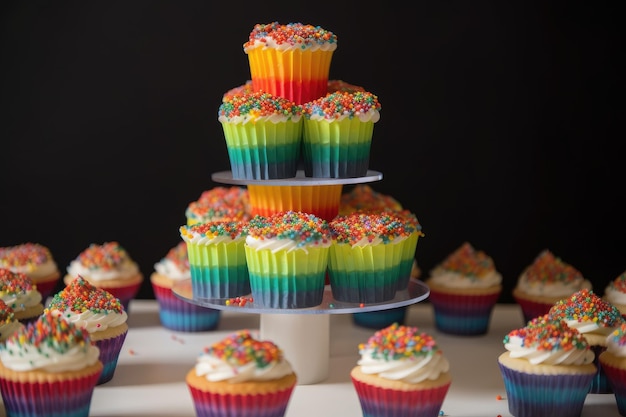Torre de cupcakes con colores del arcoíris y chispas creadas con IA generativa