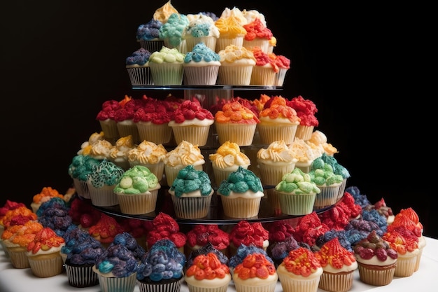 Torre de cupcakes con diferentes sabores y glaseados en cada capa creada con inteligencia artificial generativa