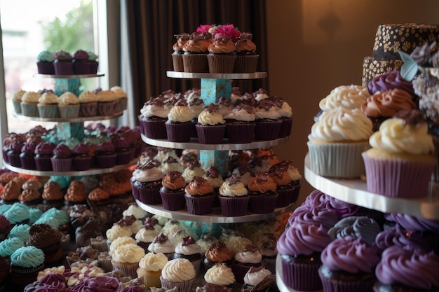 Torre de cupcakes con niveles de diferentes sabores y decoraciones creadas con inteligencia artificial generativa