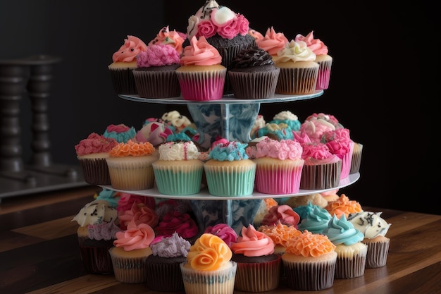 Torre de cupcakes con varios sabores y diseños diferentes creados con inteligencia artificial generativa