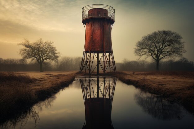 Torre de água com o seu reflexo na água IA geradora