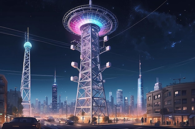 Torre de comunicação 5G para internet sem fios de alta velocidade Tecnologia de rede móvel no conceito de vida da cidade