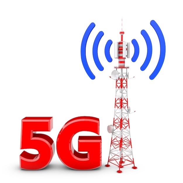 Torre de comunicação e figuras volumétricas 5G.