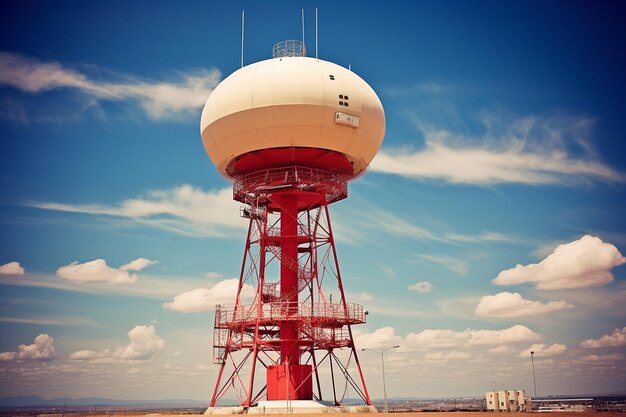 Foto torre de controlo do aeroporto com equipamento de radar e antenas