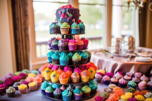 Torre de cupcake cheia de coberturas e decorações coloridas e exclusivas criadas com IA generativa