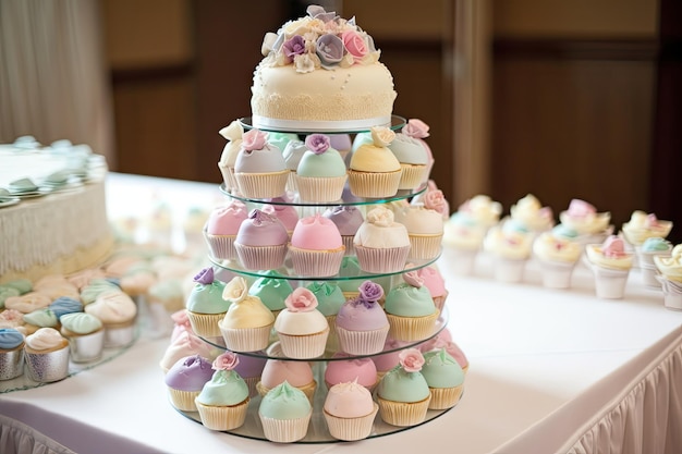 Torre de cupcake com camadas em cascata de cupcakes pastéis criados com IA generativa