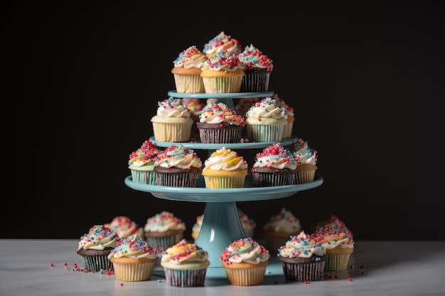 Torre de cupcake com redemoinhos de glacê e confeitos criados com IA generativa