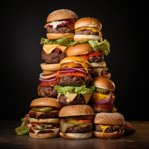 Torre de deliciosos hambúrgueres e cheeseburgers com alface, cebola de tomate e pão de sementes de gergelim em fundo escuro