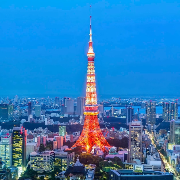 Foto torre de observação do edifício roppongi com vista da cidade de tóquio, japão