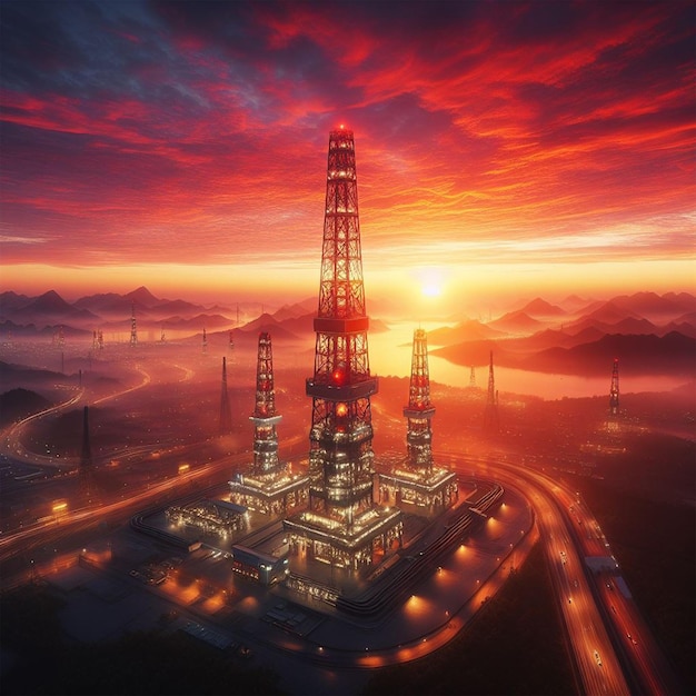 torre de óleo ao pôr-do-sol