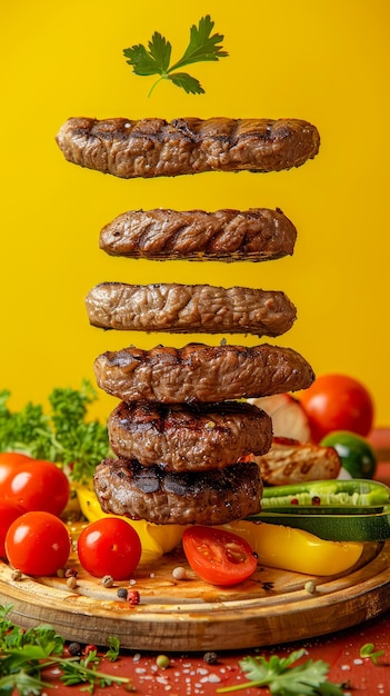 Torre de patties de carne grelhada com tomates frescos salsa e pimentas em tábua de madeira contra