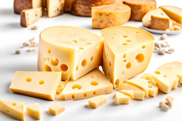 Torre de pedaços de tamanho diferente de queijo suíço premium na mesa fechada em fundo branco