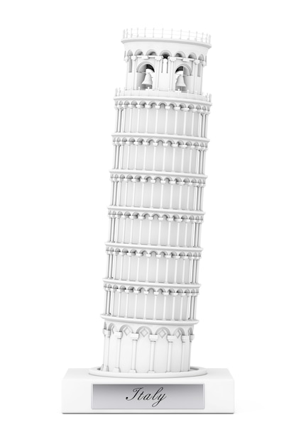 Torre de Pisa inclinada branca com sinal de Itália em um fundo branco. Renderização 3D