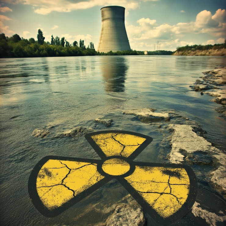 Foto torre de resfriamento da usina nuclear ao lado de um rio com um sinal de alerta de radiação na costa sob um céu nublado