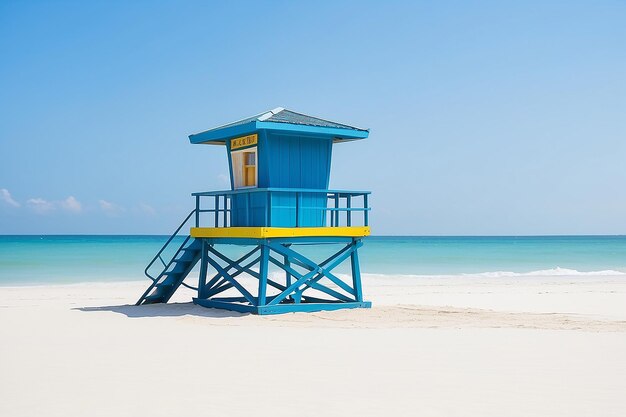 Torre de salva-vidas em praia de areia branca com fundo azul