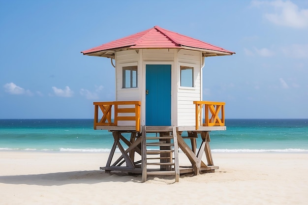 Foto torre de salva-vidas em uma praia de areia branca com vista para o mar