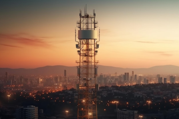 Foto torre de telecomunicações com céu azul e paisagem urbana fundo generativo ai