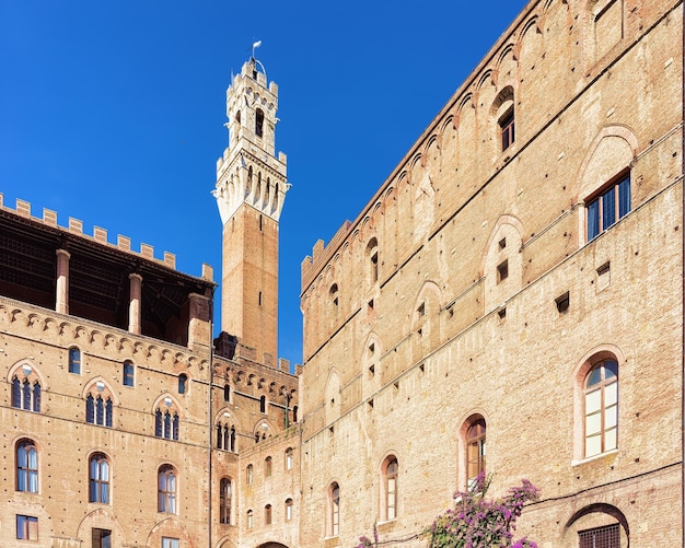 Torre del Magnia Tower na Piazza Campo Square em Siena, Toscana, Itália