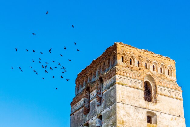 Torre do antigo castelo contra o céu azul com pássaros