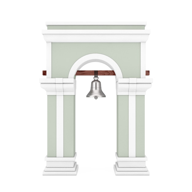 Torre do sino com arco e sino pendurado em um fundo branco. Renderização 3D