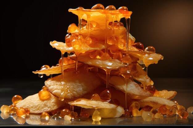 Torre dourada de batatas fritas crocantes com IA geradora de ketchup vibrante