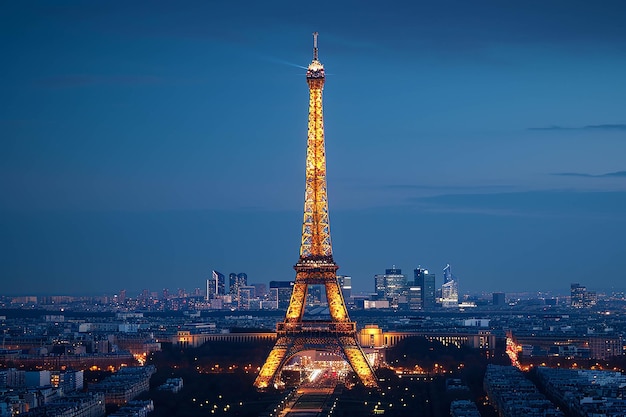 Torre Eiffel à noite com iluminação e fundo do céu