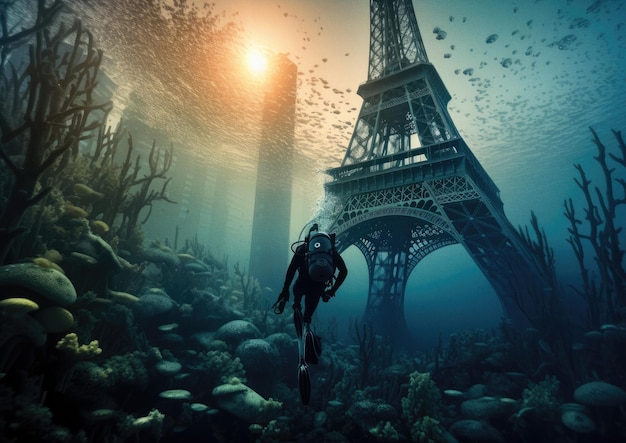Torre Eiffel bajo el agua imagen simbólica para el futuro aumento del nivel del mar