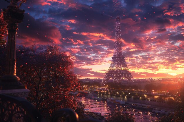 La Torre Eiffel al atardecer con un octano de cielo pintoresco