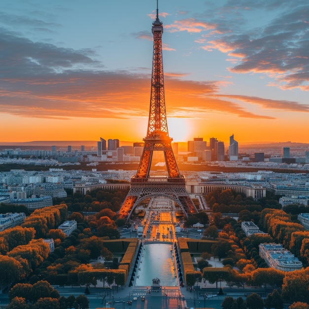 Torre Eiffel ao pôr-do-sol com um belo céu laranja