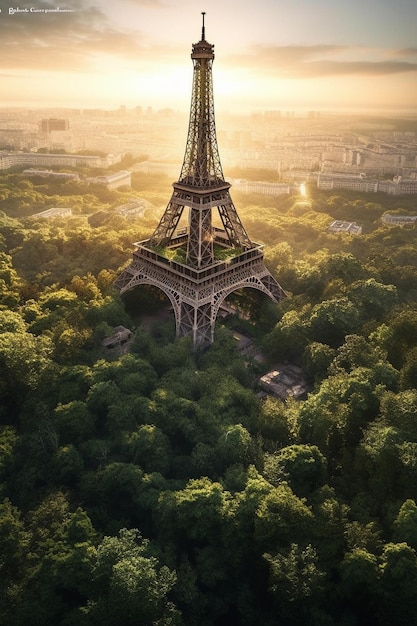 Torre Eiffel en el bosque con la puesta de sol