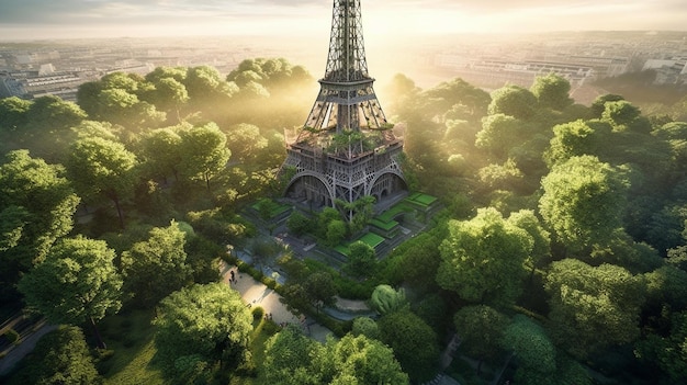 Torre Eiffel en el bosque con el sol brillando sobre ella