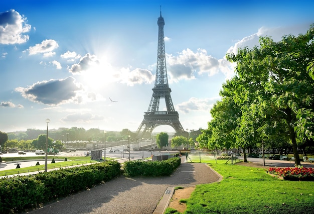 Torre Eiffel cerca del parque verde en París, Francia