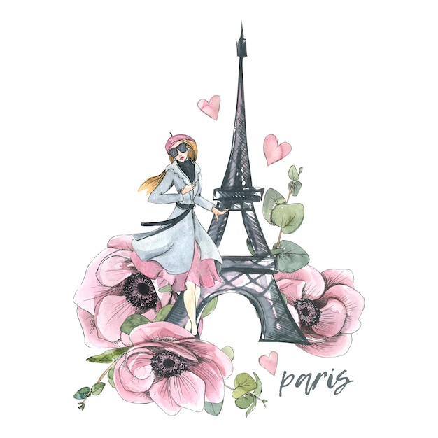 Torre Eiffel com flores de anêmona de uma garota parisiense e galhos de eucalipto Ilustração em aquarela em estilo de desenho com elementos gráficos Composição de um grande conjunto de PARIS Para design de decoração