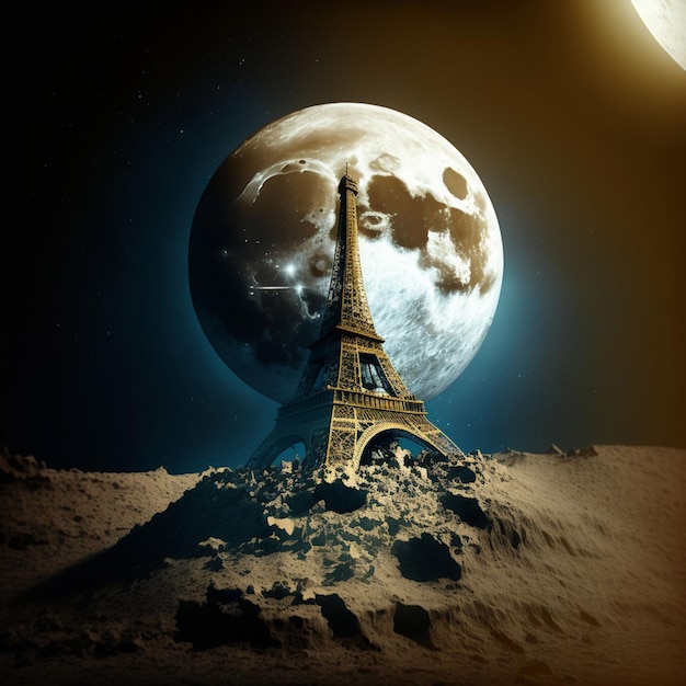 Torre Eiffel contra a lua uma ilustração futurista