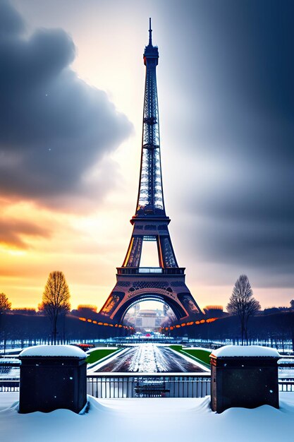 La Torre Eiffel cubierta de nieve Vista panorámica de la Torre Eiffel en un día con mucha nieve