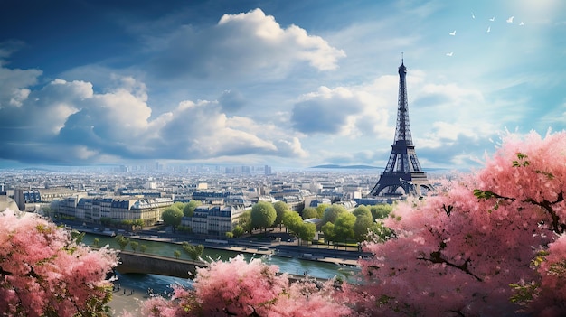 Foto torre eiffel e árvores em flor na primavera paris sobre o céu azul nublado