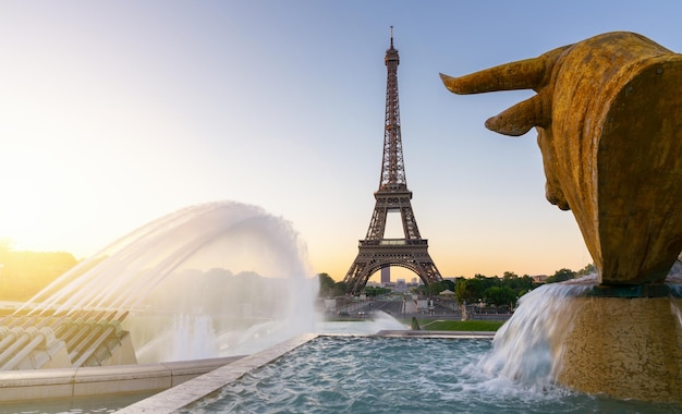 Torre Eiffel e fonte nos Jardins du Trocadero ao nascer do sol em Paris, França