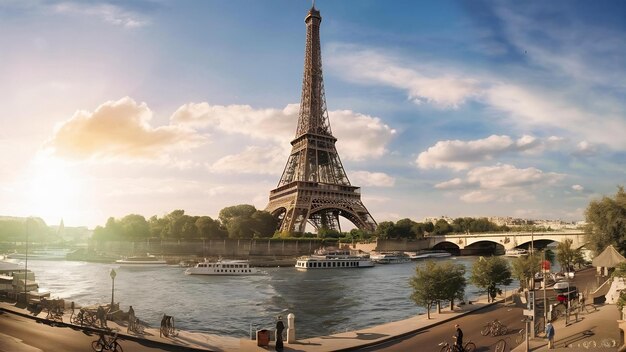 Foto torre eiffel e rio sena no verão em paris, frança