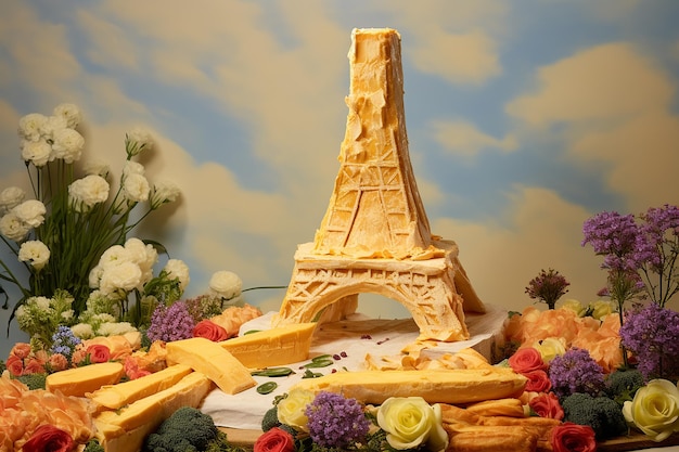Foto torre eiffel hecha de pan francés y queso