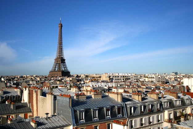Torre Eiffel en medio del paisaje urbano contra el cielo