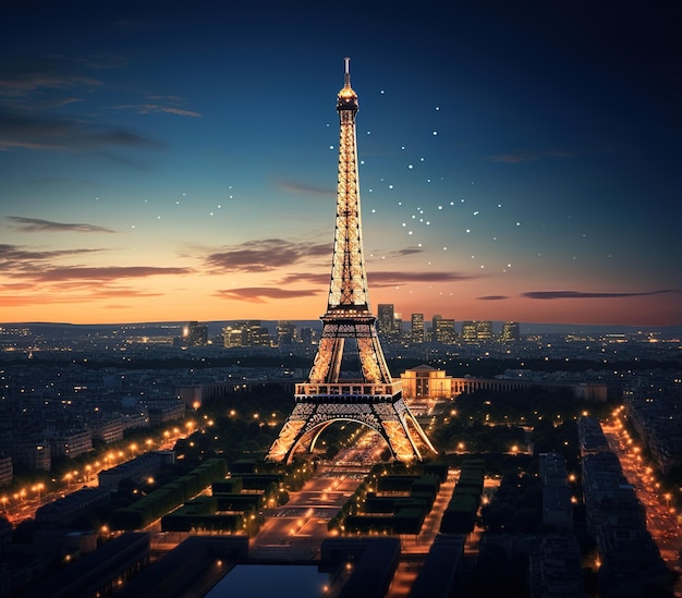 Torre Eiffel por la noche con una hermosa puesta de sol y estrellas en el cielo