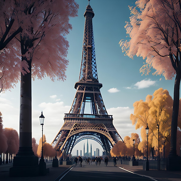 La Torre Eiffel en París, Francia, se muestra en 3D