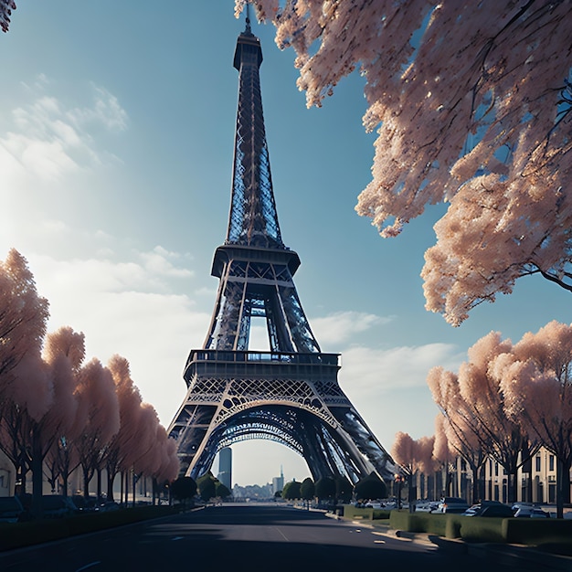 La Torre Eiffel en París, Francia, se muestra en 3D