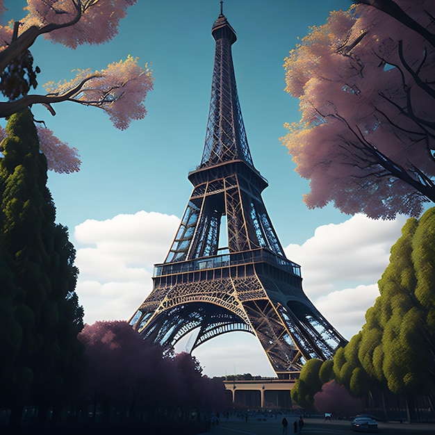 La Torre Eiffel en París, Francia, se muestra en 3D