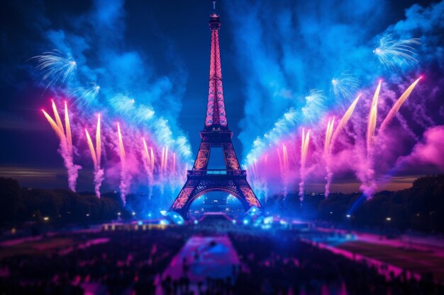 La torre Eiffel en París, Francia, se muestra contra los fuegos artificiales de la celebración